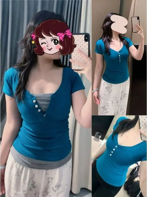 Retro American Shoulder V-neck Short Sleeve T-shirt Women's Slimming Summer Fashionable Casual Pure Color Cotton Blend Top