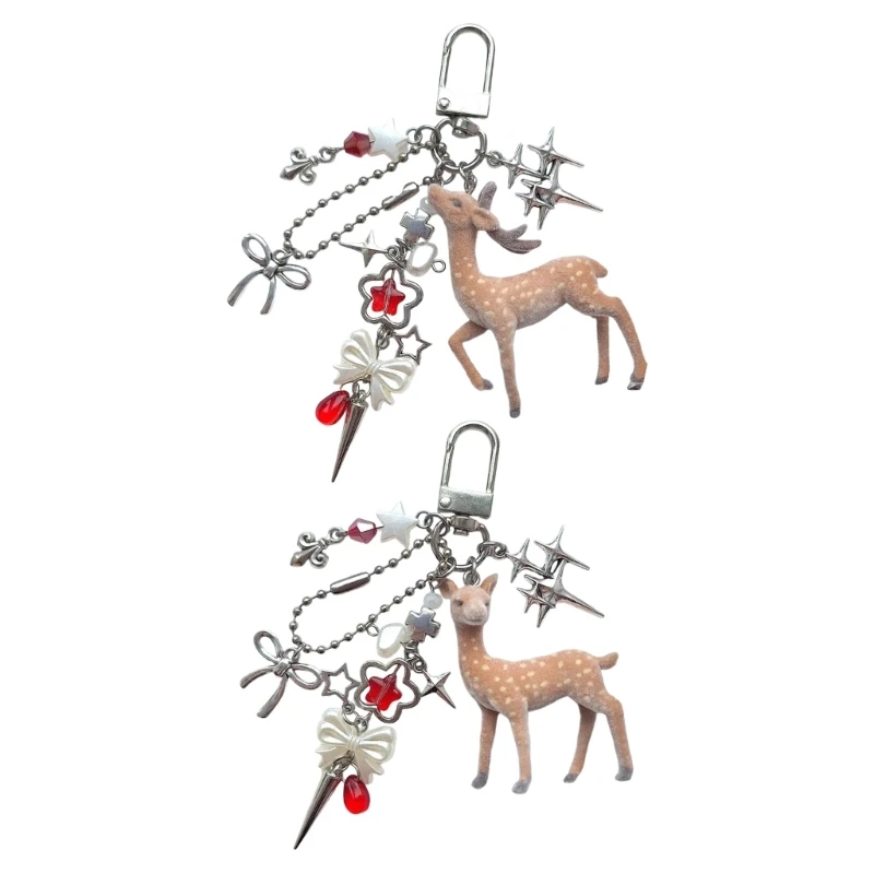 367C Deer Shaped Flocking Beaded Chain Flower Charm Keyring Ornament for Comfortable Use as Holder Bag Charm