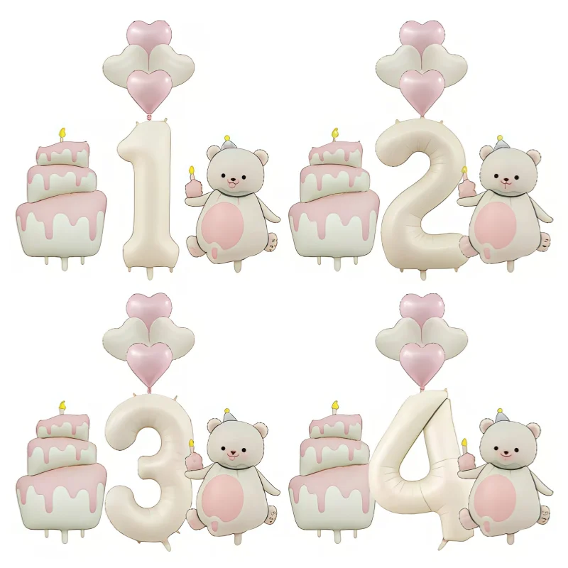 7Pcs Pink & White Heart Bear Balloon Set with 40-Inch Number Balloons for Birthday Cake Decoration Wedding Photo Props 1-9 Numbe