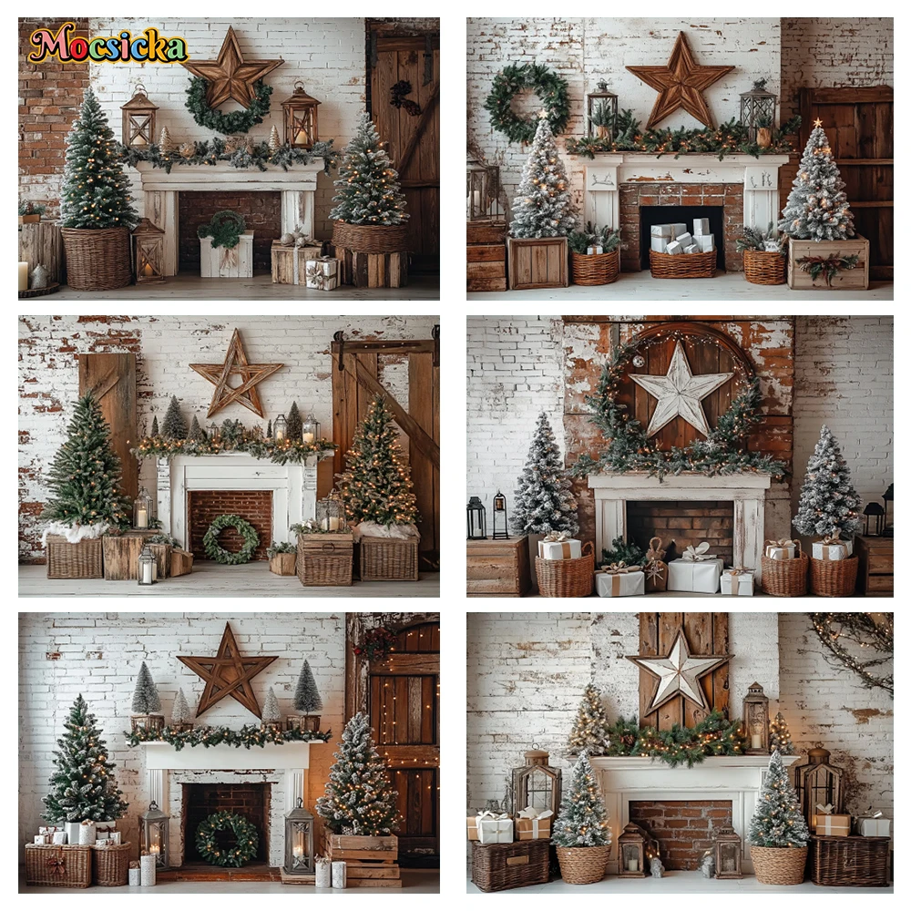 

Mocsicka Winter Christmas Photography Backgrounds Xmas Wreath Fireplace Pentagram Holiday Party Adult Photo Backdrops Studio