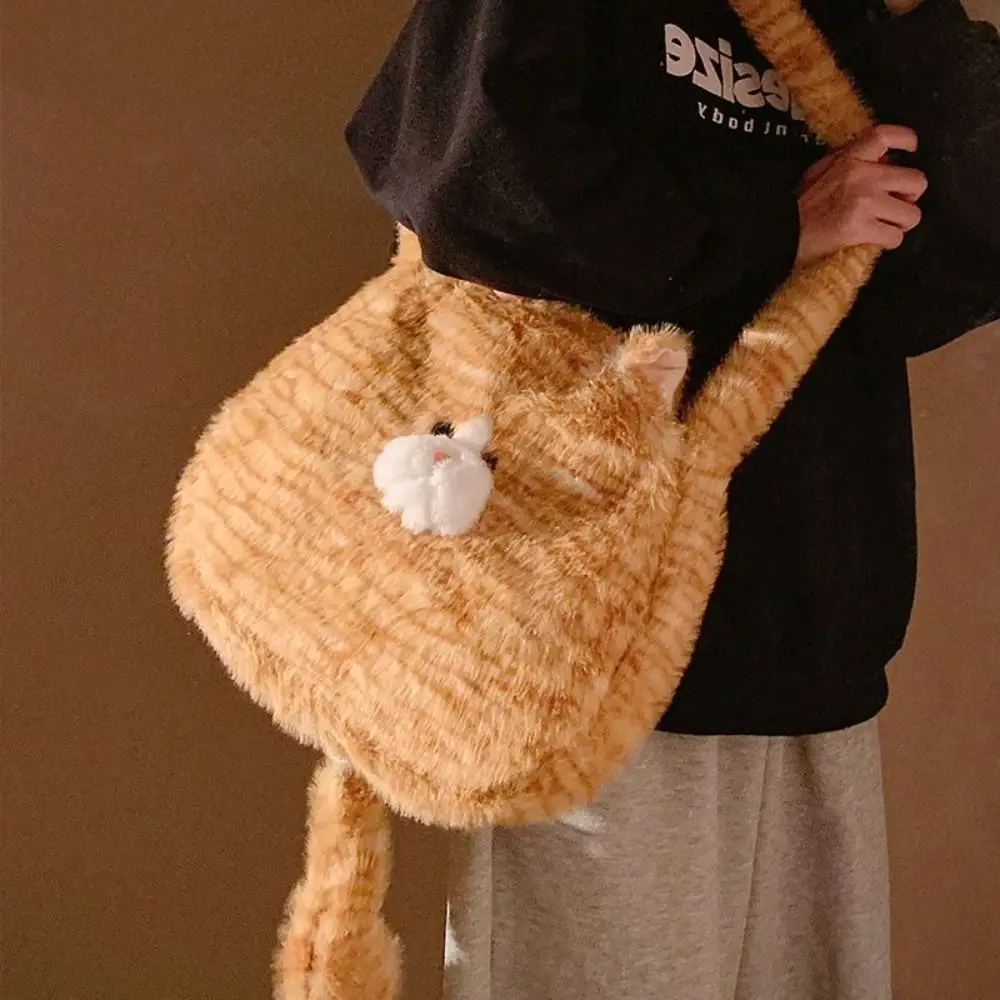 Lazy Style Plush Cat Shoulder Bag Large Capacity Tail Vacation Tote Bag Office Worker Tote Solid Color Crossbody Bag Men