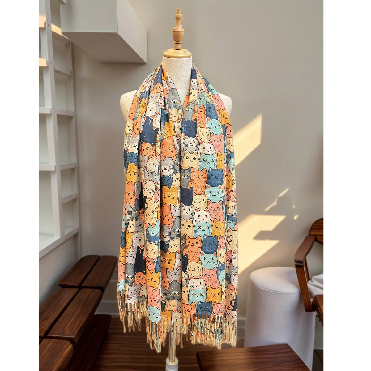New cashmere animal cartoon cat oil painting style digital printed scarf soft and warm tassel women's scarf shawl