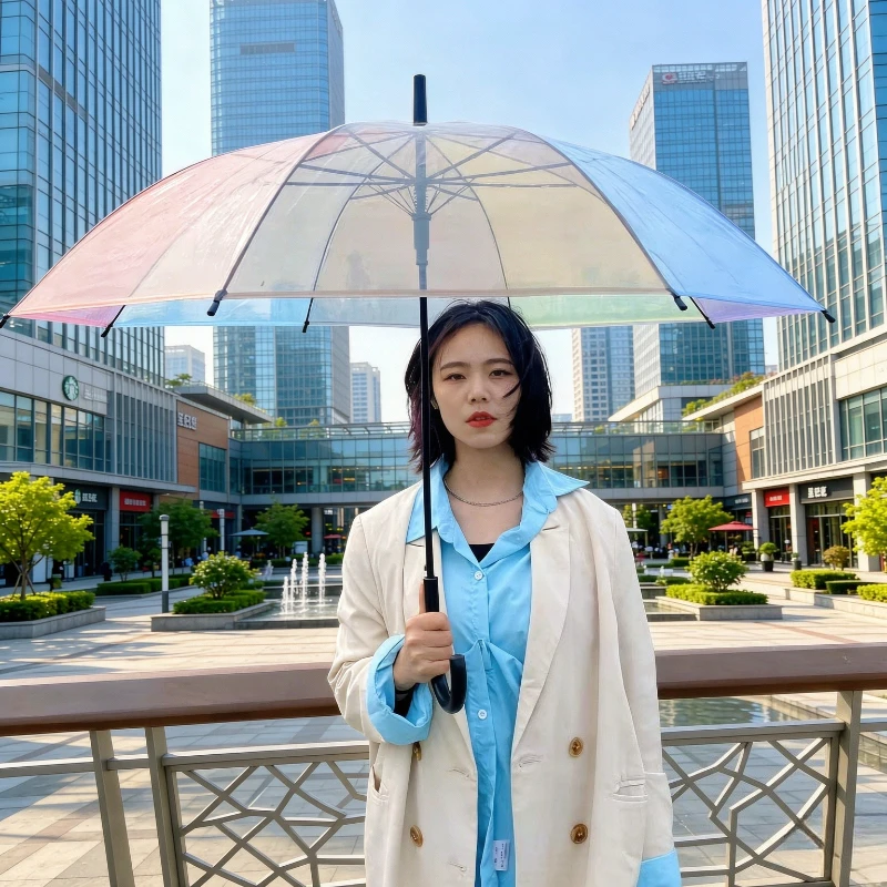 Japanese Rainbow Transparent Umbrella Long Handle Fresh Style Clear Rain Parasol for Girls Women Photography Daily Use 투명 장우산