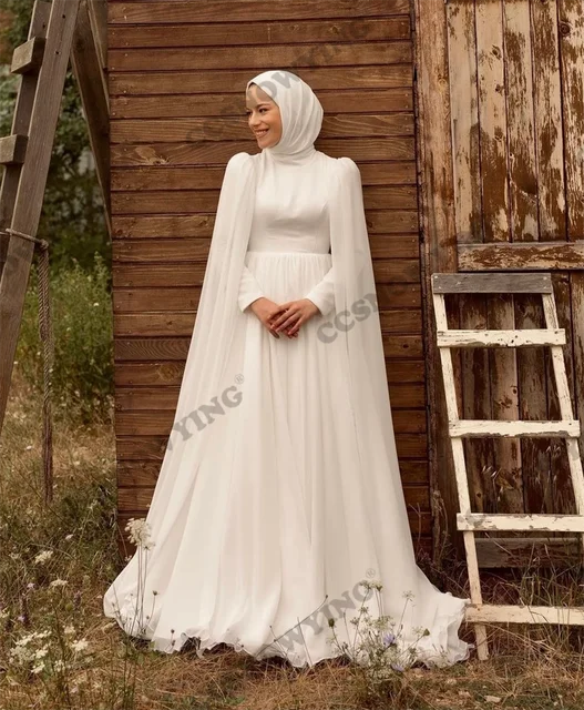 Chiffon Long Sleeve Muslim Wedding Dress for Bride Hijab Islamic Bridal Gowns with Cape Women Arabic Robe De Mariee AliExpress