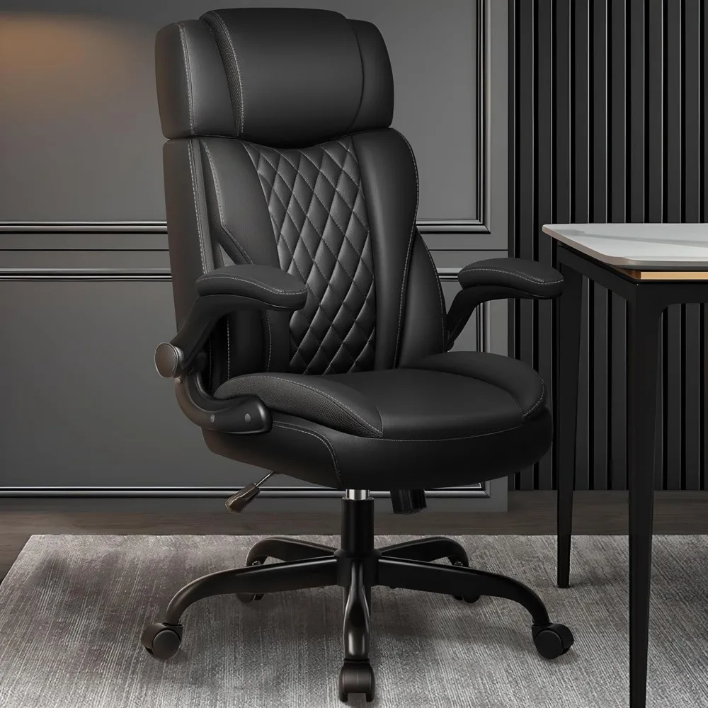 Office Chair Flip Up Arms, Executive Leather Office Chair Ergonomic Desk Chair with Lumbar Support, Adjustable Headrest, Compute