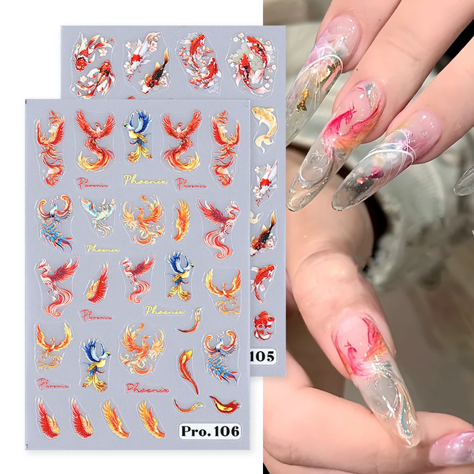 Fire Phoenix Dragon New Year Nail Sticker Red Lucky Koi Chinese Character Cartoon Adhesive Decal Spring Decorative Tips Supplies