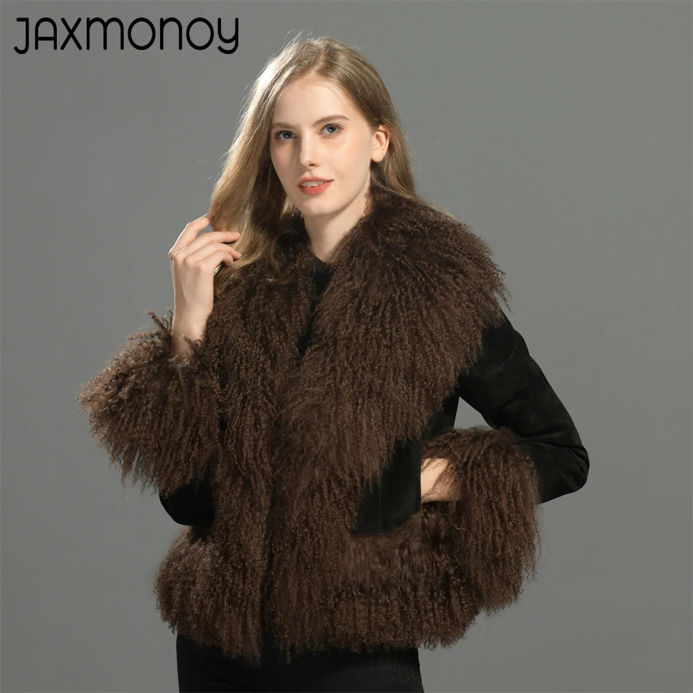 Jaxmonoy Płaszcz z prawdziwej skóry dla kobiet Oryginalne mongolskie futro owcze Zamszowa kurtka zimowa Moda Puszyste futro Jesień