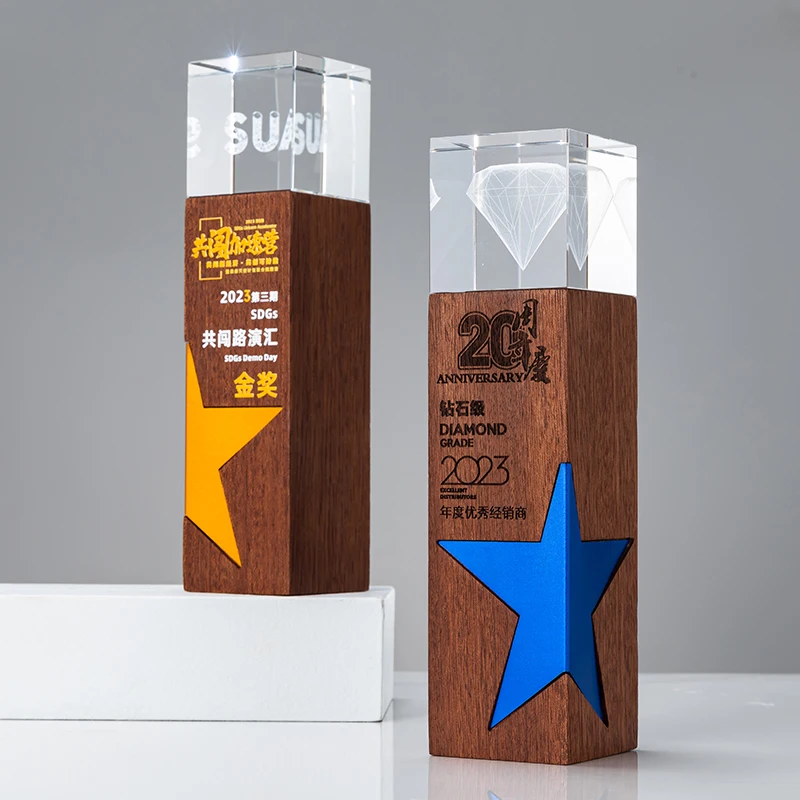 LvshenGifts Luxury Crystal Wood Trophy with Star Inlay Employee Recognition Award Business Gift Free Engraving