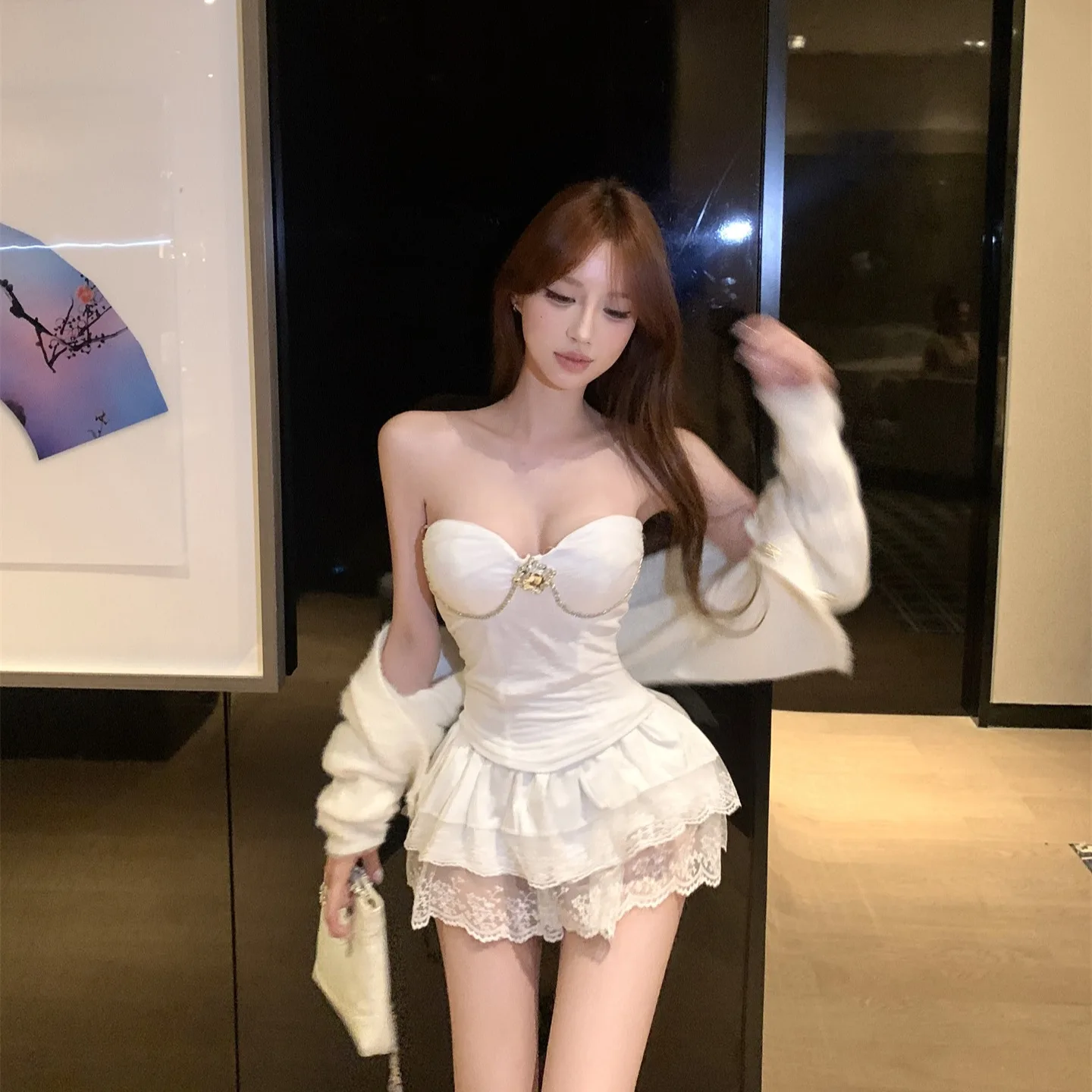 Cappotto di visone con giuntura in pizzo Ele Or Sve Set Faion da donna Autunno Inverno Nuovo vestito dimagrante Sle Cardigan aperto alla moda