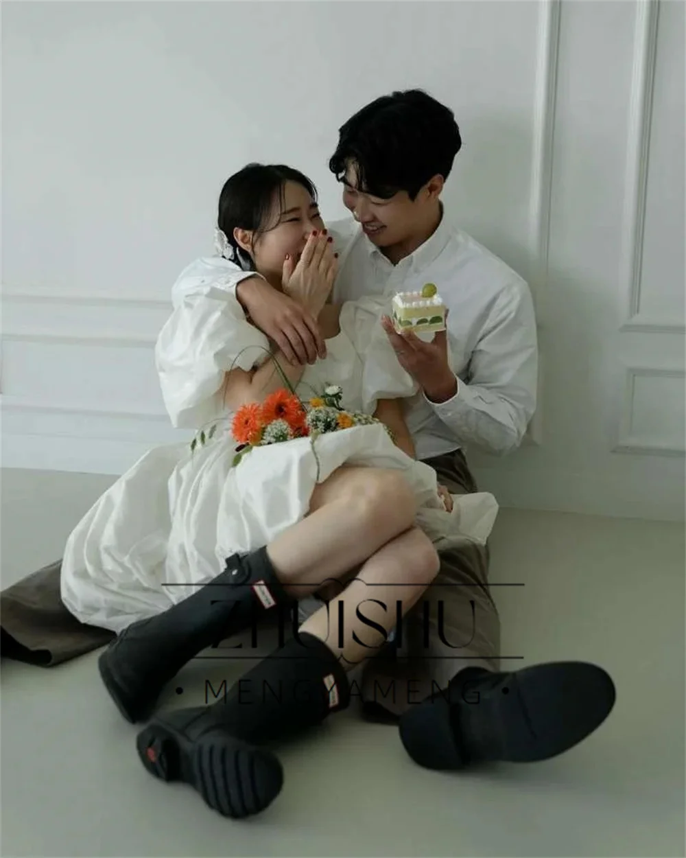 Simple Korea Wedding Dresses Square Short Puff Sleeves Customized A-Line Knee Length Bridal Gowns Photo Shoot Formal Dress