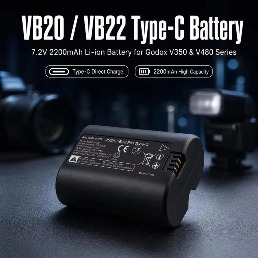 VB20 VB22 7.2V 2200mAh Battery Pack for Godox V350 V350S Flash High Capacity Type-C Rechargeable Li-ion Replacement Battery