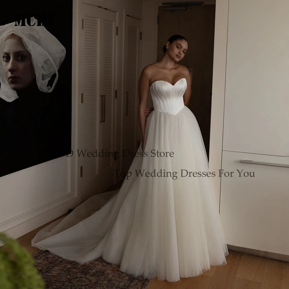 MCDV エレガントなサテンのウェディングドレス プラスサイズ ノースリーブ Aライン ストラップレス ベストド デ ノイバ カスタマイズされたスイープトレイン花嫁ドレス