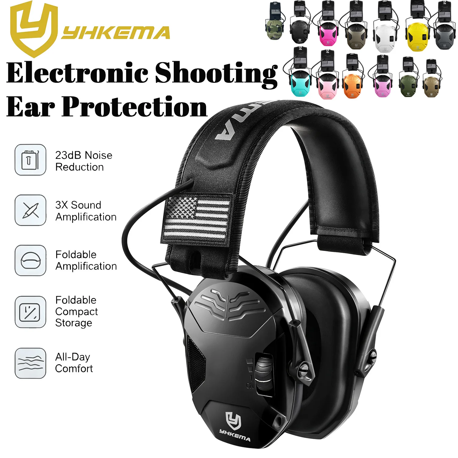 YHKEMA Active Shooting Earmuffs NRR 23dB Noise Reduction 3X Sound Amplification Electronic Hearing Protection For Hunting