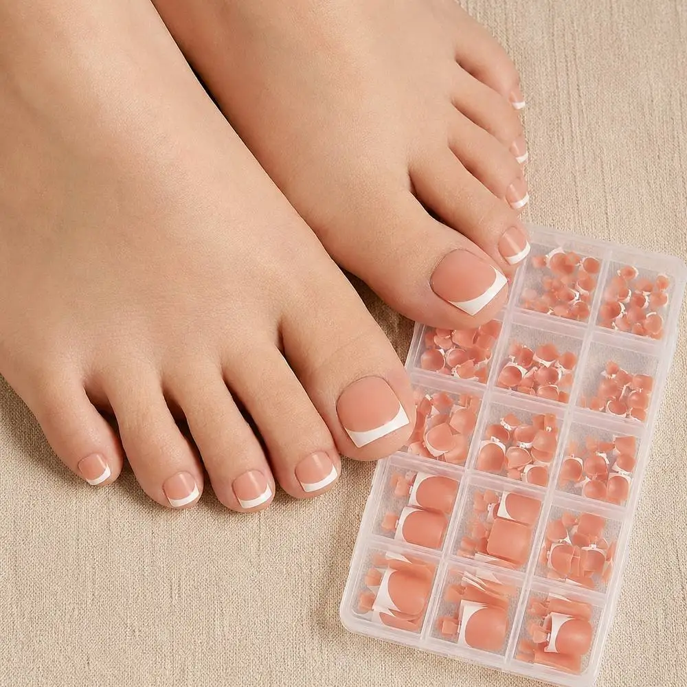 

150Pcs Clean White Edge Deep Nude Press On Toenail Flexible Acrylic Deep Nude Fake Toenail Vacation Beach Deep Nude FalseToenail