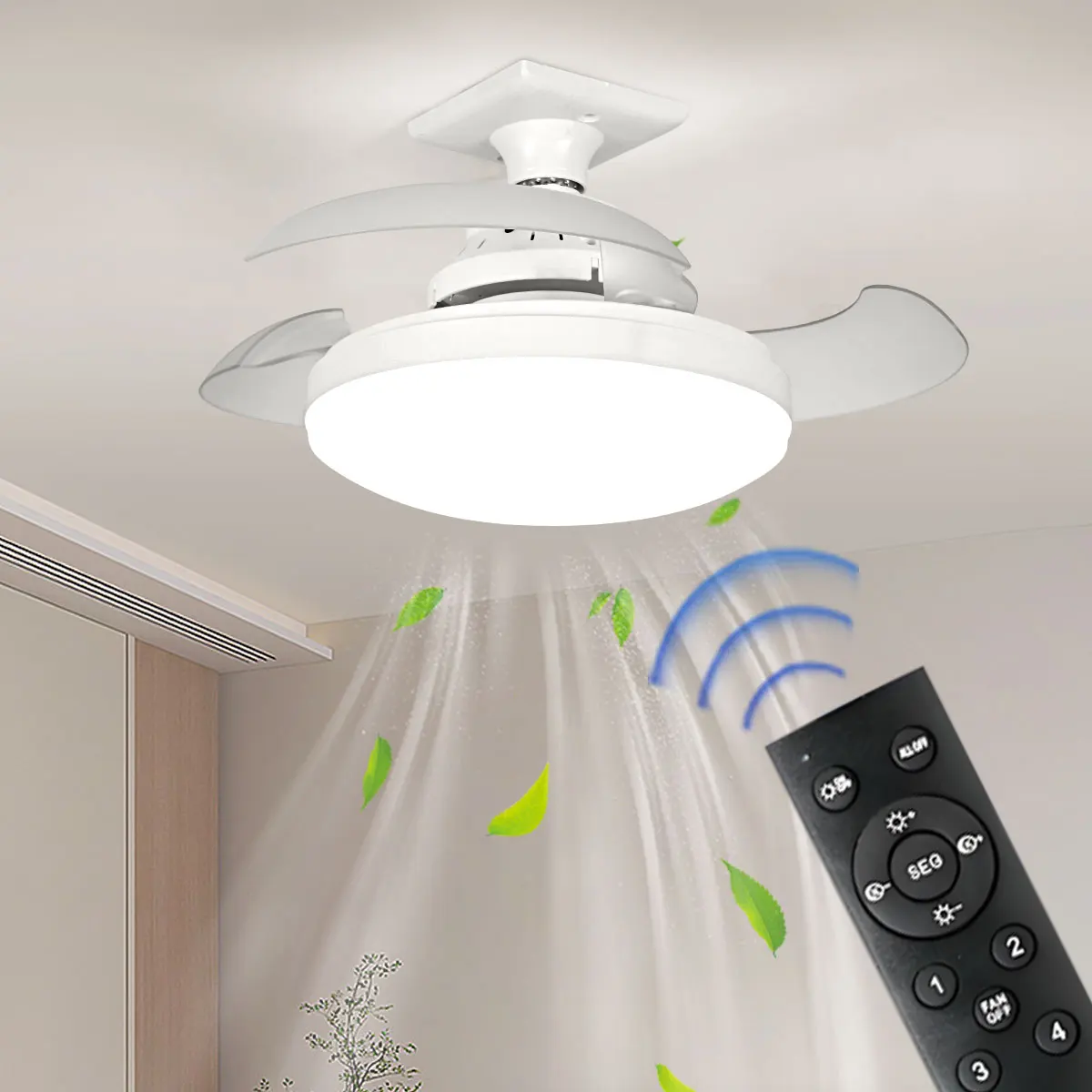 Ventilador de techo LED 30W E27 con control remoto para atenuación, adecuado para sala de estar, estudio, uso doméstico, 110-265V