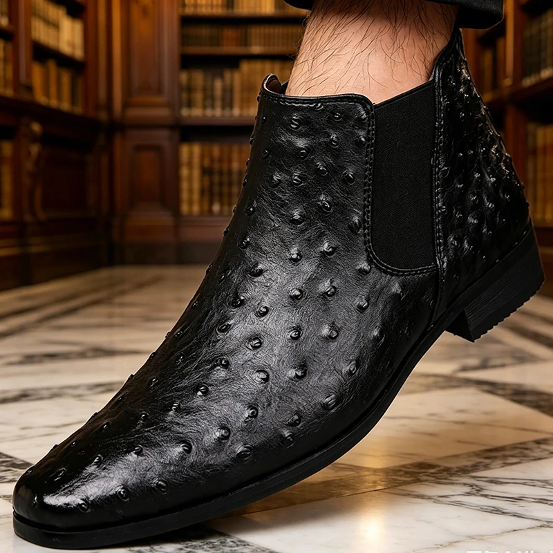 Men Chelsea Boots Imitation Ostrich Pattern Leather Pointed Toe Rubber Ankle Shoes Business Formal Wear Casual Shoes Men view 5