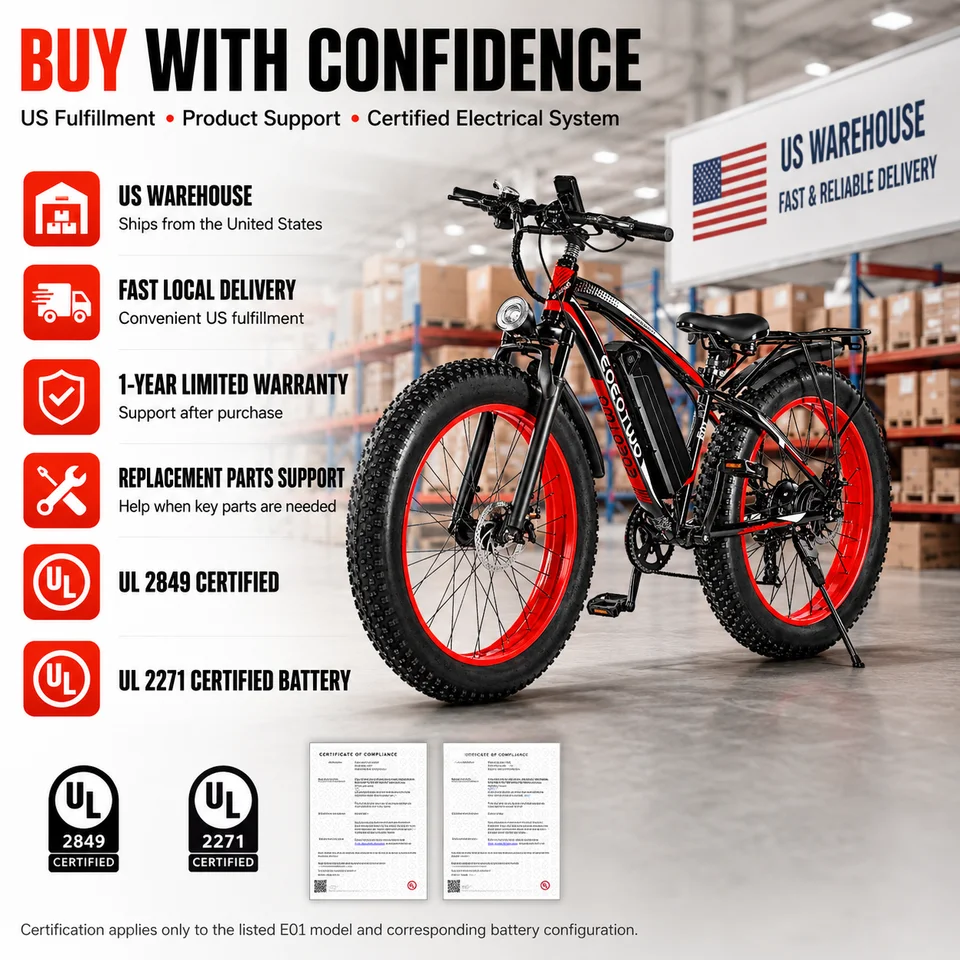 EOEOTWO 26" Fat Tire Electric Bike for Adults, 1000W Motor 1500W Peak, 48V 15Ah Battery, 34 MPH Max Speed, Up to 60 Miles Long Range image 14