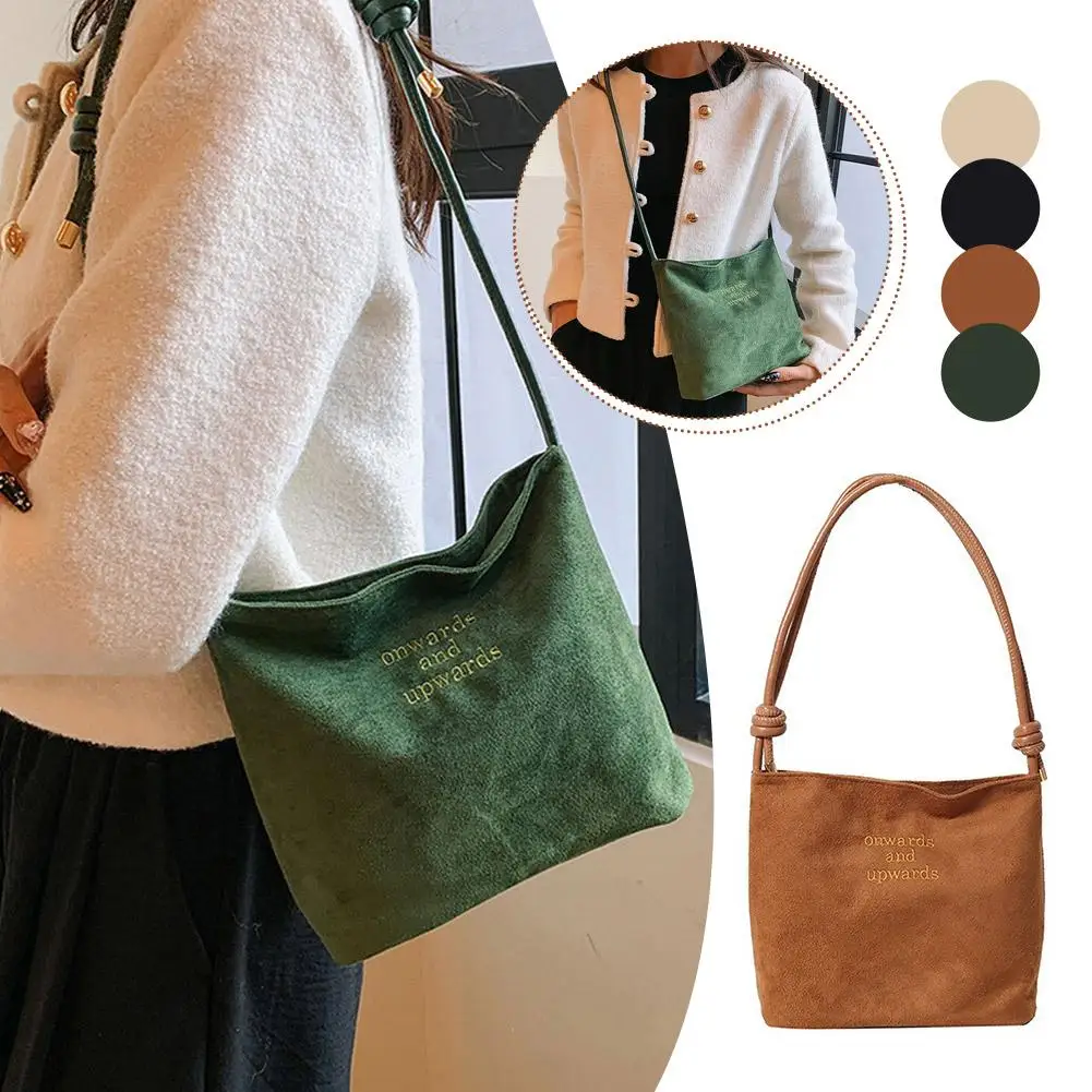 Large Capacity Suede Tote Bag for Women Retro Korean Style Letter Shoulder Bag Lightweight Underarm Commuting Bag