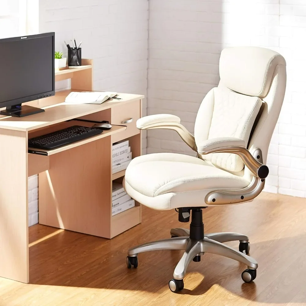 Ergonomic Executive Office Desk Chair with Flip-up Armrests and Adjustable Height, Tilt and Lumbar Support, Cream Bonded Leather