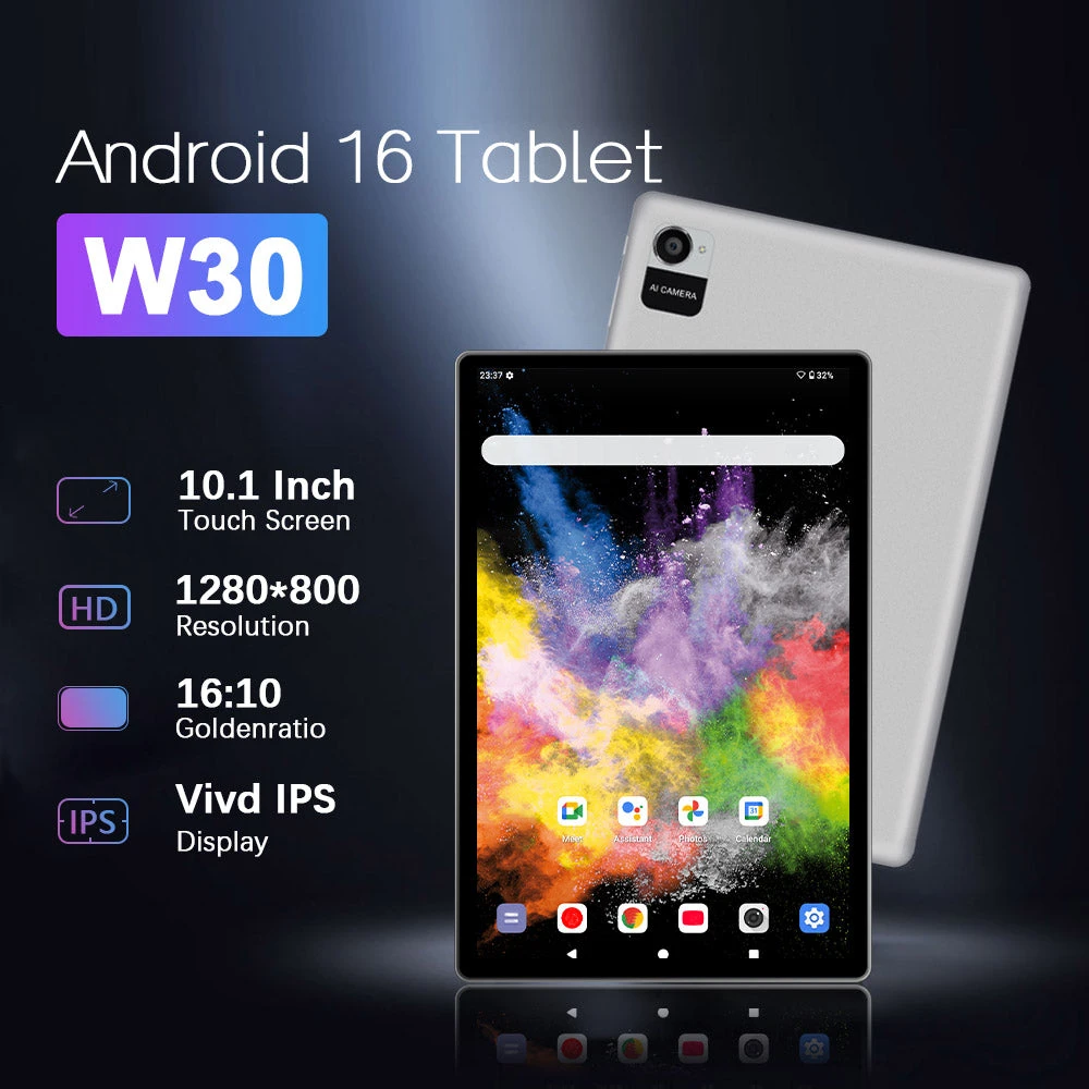 KOOMDIGI W30PRO 10.1 Inch Android 16 Tablet 12GB RAM (4GB+8GB Expand) 128GB ROM 1280×800 IPS 5MP+13MP Dual Camera 5000mAh Tablet PC