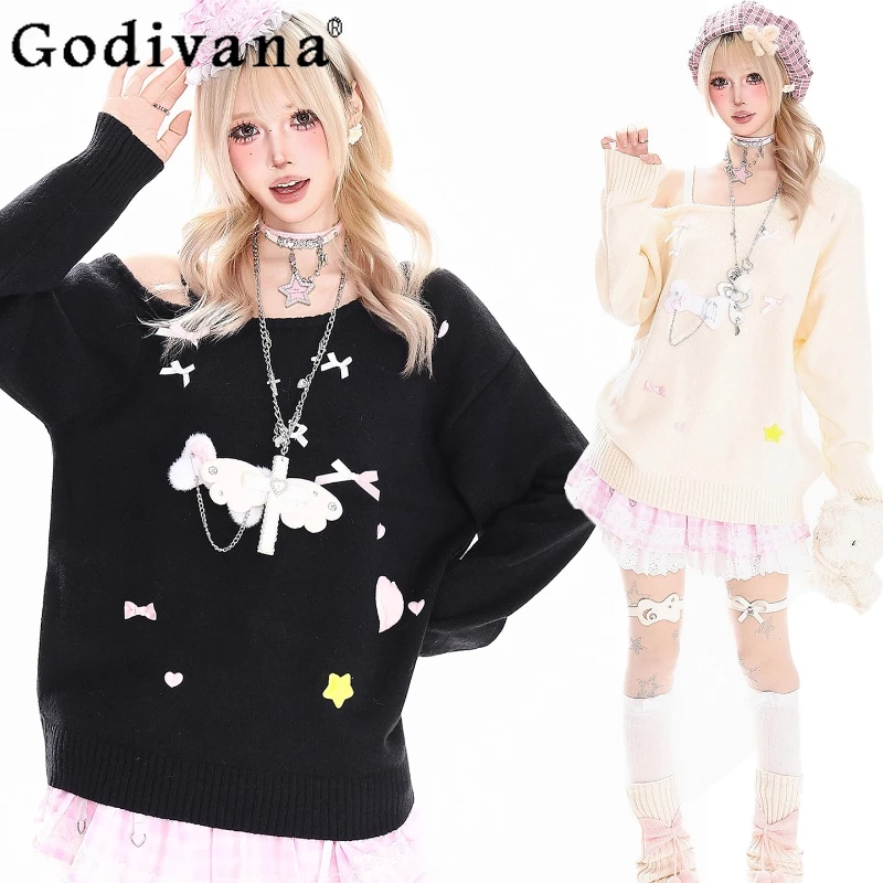 

Sweet Y2K Girl Off Shoulder Asymmetrical Neck Sweater Women Autumn Slim Loose Knitted Pullovers Female Japanese Sweater