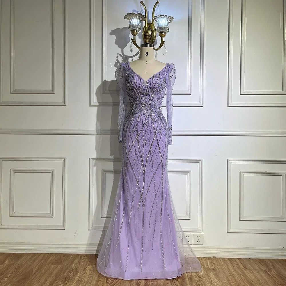 SERENE HILL 2025 Customized Muslim Elegant Lilac Beaded Mermaid Evening Gown for Formal Occasion CLA72827