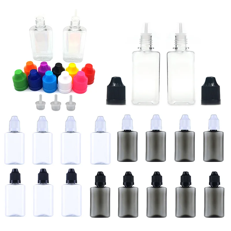 10pcs 30ml Clear/Black PET Plastic Square Flat Dropper Bottles Long Tip Cap Empty Liquid Dropper Squeezable Refillable Bottles