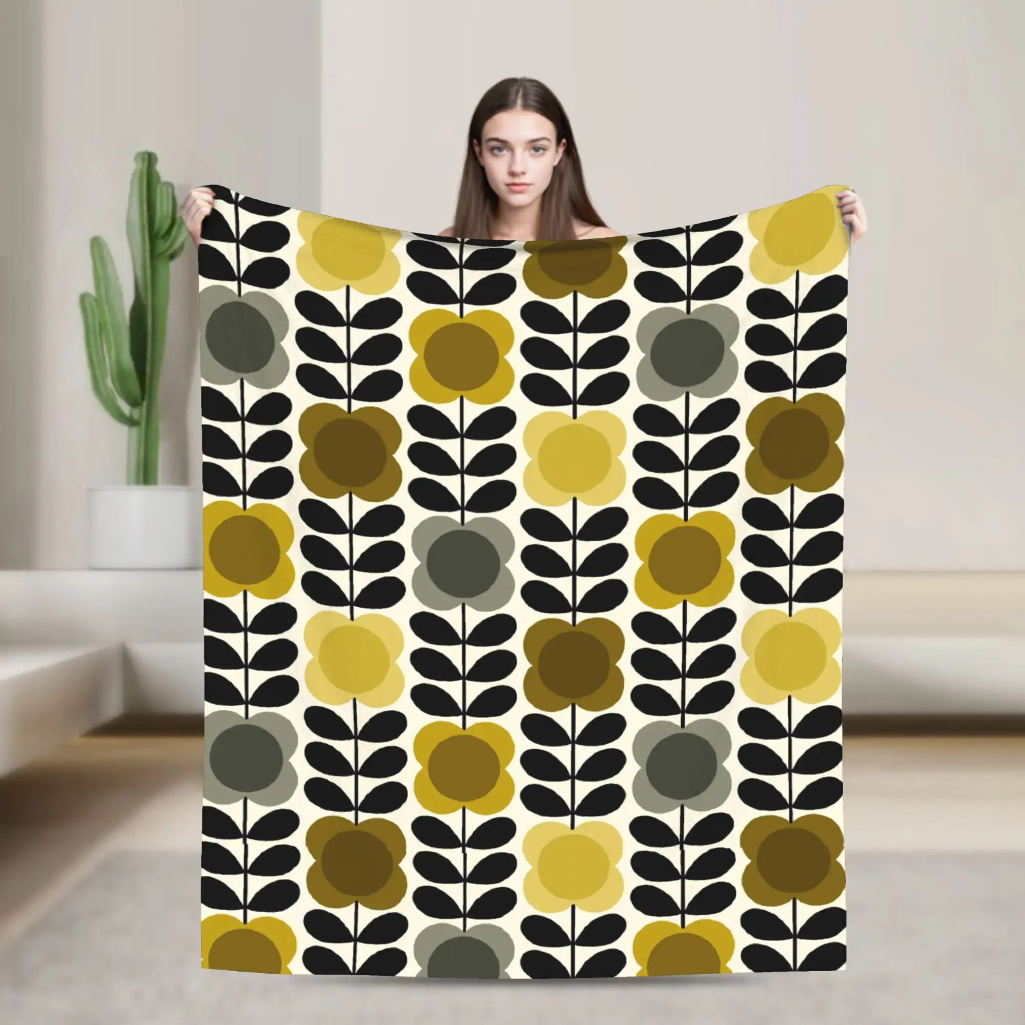 Custom Sofa Fleece Orla Kiely Spot Flower Stem Yellow Grey Throw Blanket Warm Flannel  Blankets for Bedroom Travel Sofa Quilt
