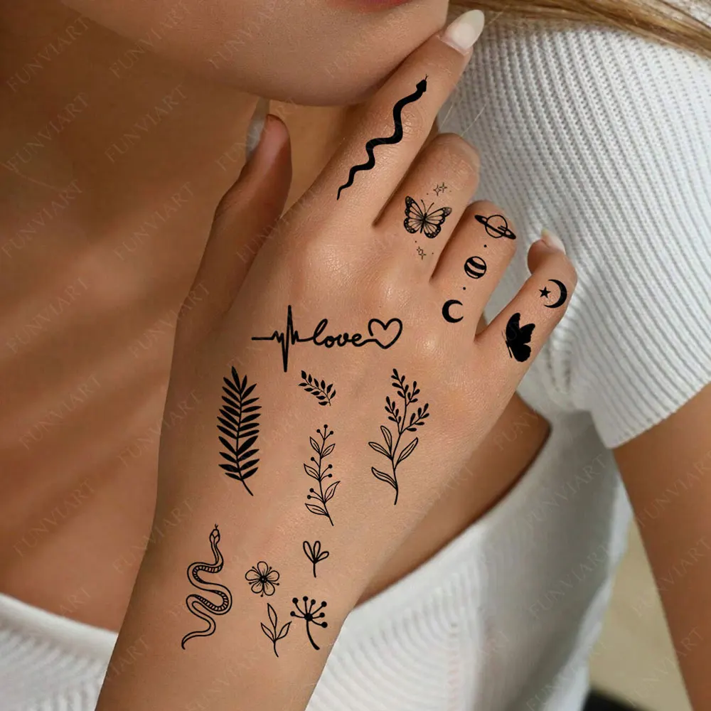 Small Tattoo Stickers for Finger Flower Snake Moon Leaf Design Temporary Tattoos for Hand Body Decor Fake Tattoo for Women