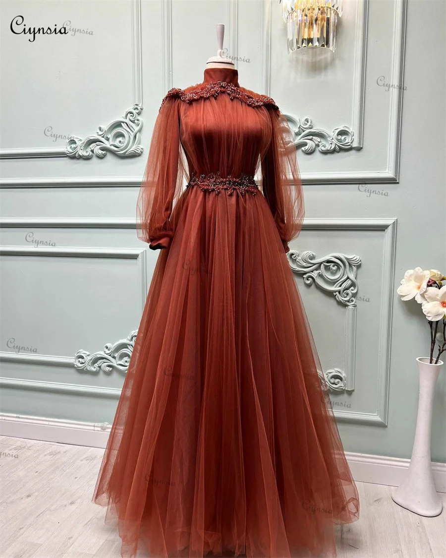 Ciynsia Elegant A-Line Muslim Formal Dress Long Sleeves Tulle High Neck Appliques Prom Dresses for Women Party Wedding Evening