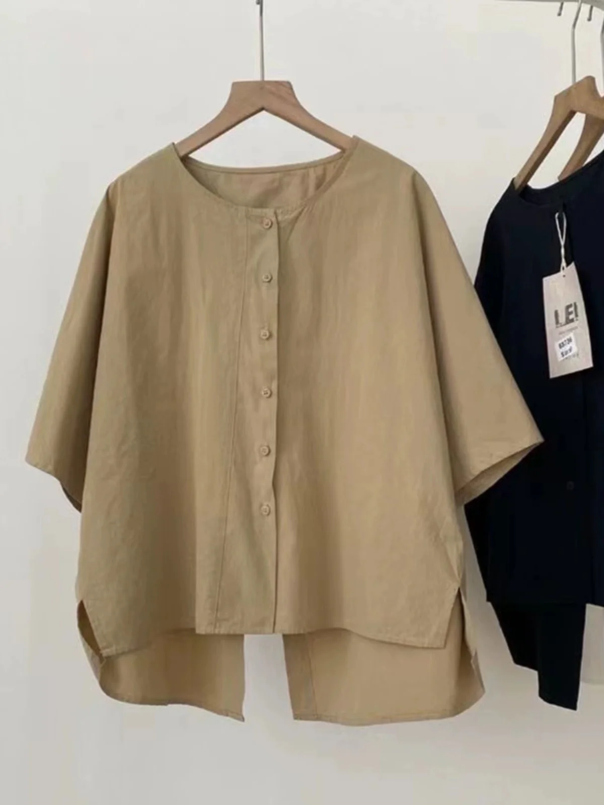 

plus Size Women's irt Summer Loose Vintage ort Sve Button up Korean Sle Regular Length ortened oulder Open Split