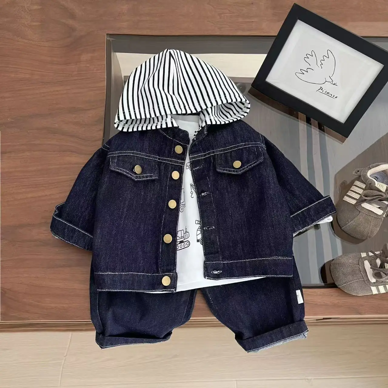 الكورية الأولاد الدنيم ربيع 2025 جديد وسيم الأطفال الصغار عندما تكون المألوف مقنعين قمم عارضة مطابقة سترة