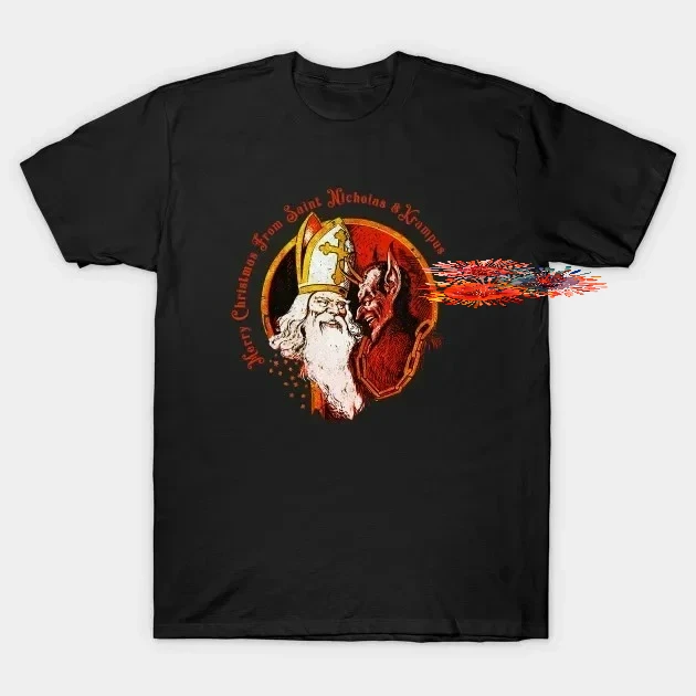Merry Christmas From St Nicholas and Krampus. Funny Xmas Gift T-Shirt 100% Cotton O-Neck Summer Short Sleeve Casual Mens T-shirt