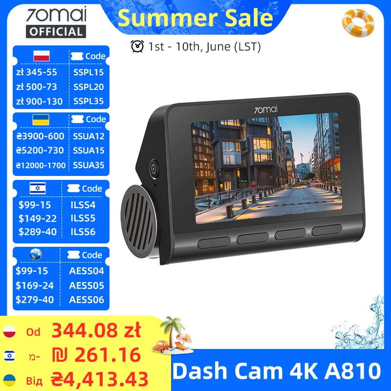 70mai 4K Dash Cam A810 HDR Built-in GPS ADAS 24H Parking 4G