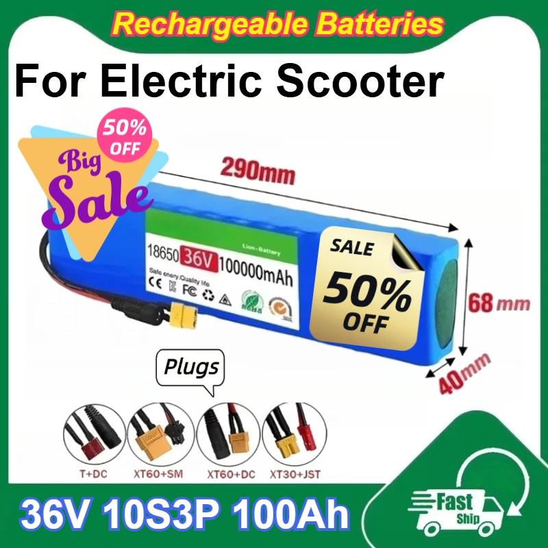 

Литиевая аккумуляторная батарея 18650 36В 10S3P 100Ач со встроенной BMS, мощность 500Вт для электросамоката, перезаряжаемые батареи + зарядное устройство 42В 2А