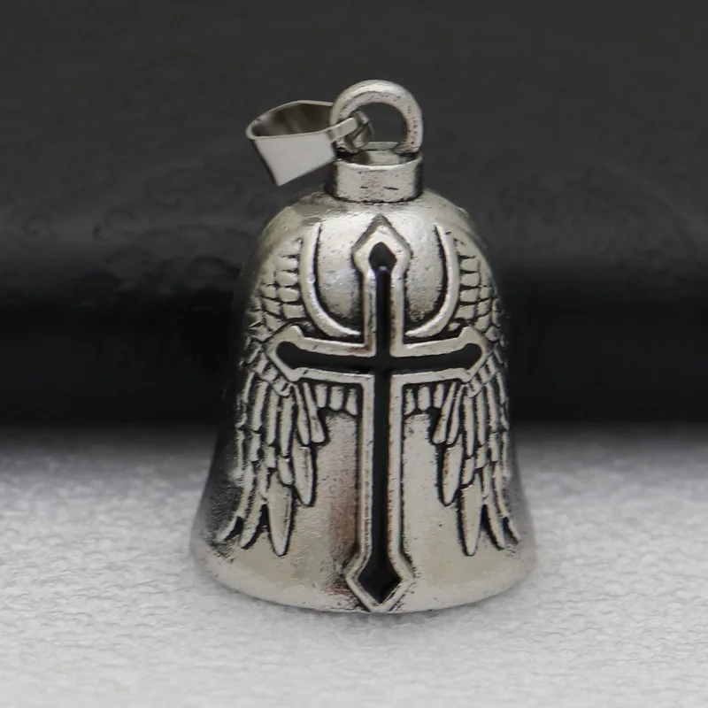 Conjunto de regalo para motorista, llavero con campana de Ángel guardián, amuleto gótico para motocicleta, amuleto de la suerte, ala cruzada roja, regalo de protección para jinete
