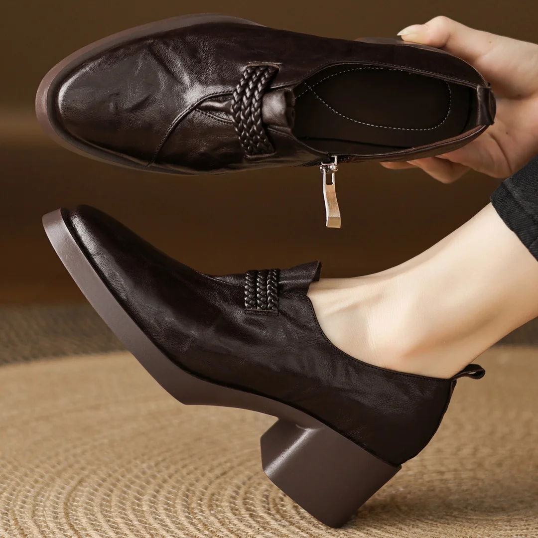 

Plus size 34-41 women's sheepskin side zip slip-on pumps round toe high quality soft comfortable 5cm thick med heel loafers shoe