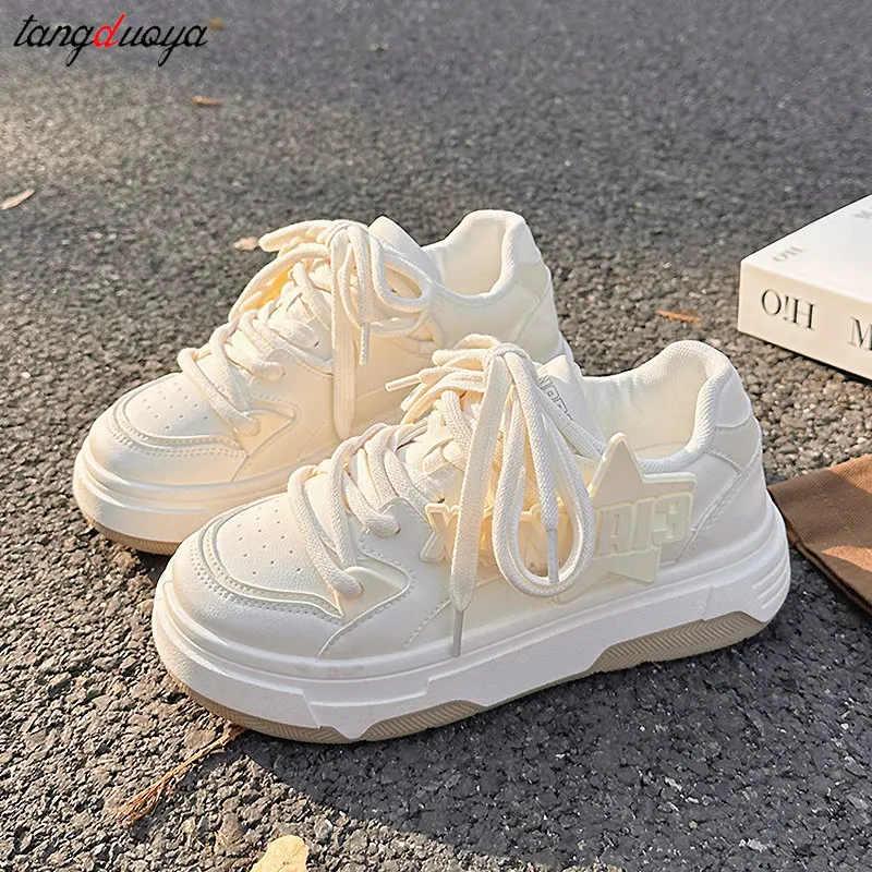 Cute Harajuku Sneakers Women\'s Running Shoes 2024 New Thick Platform Sneakers students Outdoor Casual Pu Leather Vulcanized Shoe