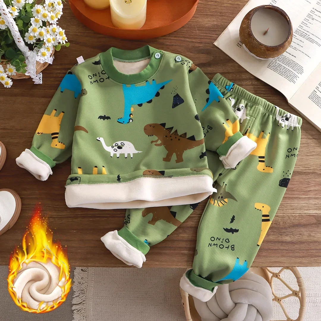Autumn Winter Kids Thicken Warm Pajamas Baby Boys Cartoon Dinosaur Print Long Sleeve Pyjamas Toddler Sleepwear Clothing Sets