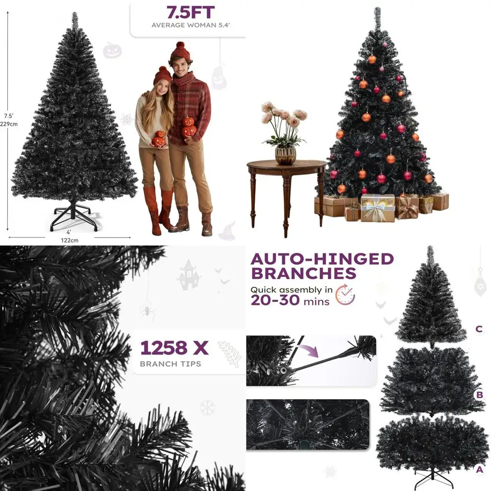 

7.5-Foot Black Hinged Artificial Christmas Tree with 1258 Branch Tips, Ideal for Home, Office, and Party Decorations