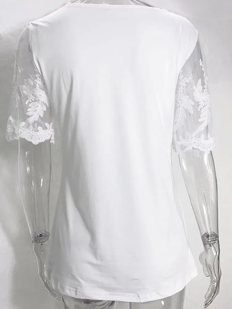Fashion White Lace Short Sleeve Tops Women T Shirt 2025 Summer Casual Buttons Office T-shirt Tshirt Top Femme