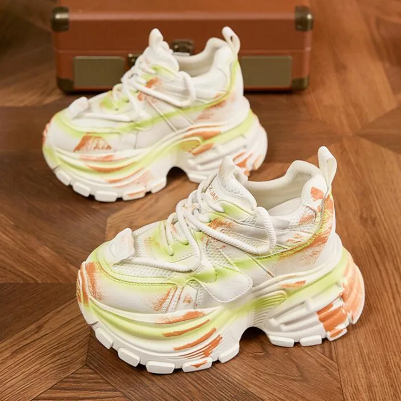 

2026 Spring Autumn Women Retro 9cm Chunky Sneakers Ladies Breathable Mesh Dad Shoes Make Old High Platform Vulcanized Sport Shoe