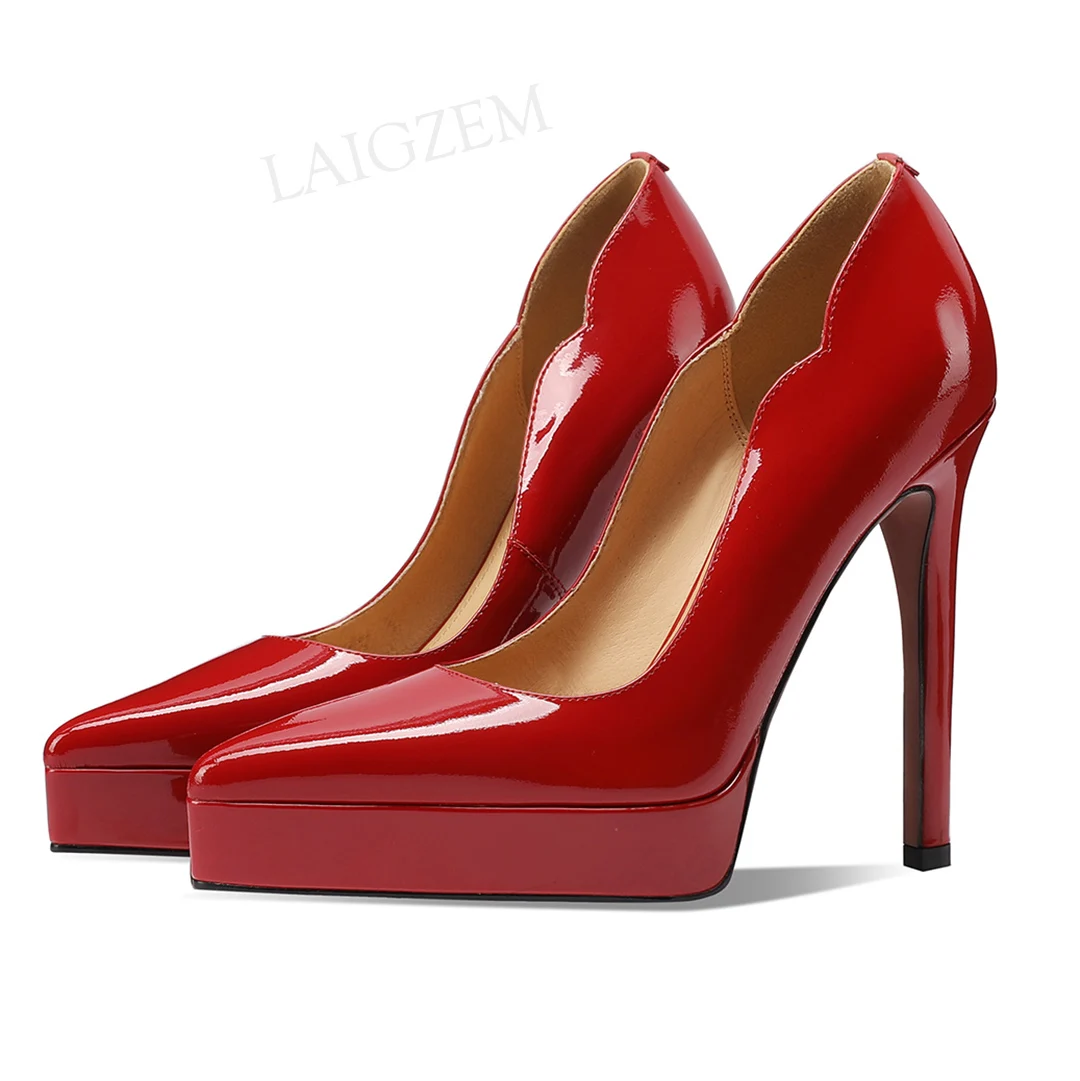 

LAIGZEM Women Pumps Genuine Leather Pointed Toe Platform 12CM Thin High Heels Sandals Prom Party Shoes Woman Size 33 35 37 39