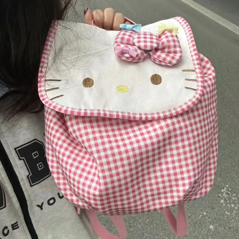 

MINISO холст Sanrio Hello Kitty милый рюкзак с вышивкой Kitty Cat аниме Kawaii маленькая сумка плед сращивание сладкий рюкзак подарок для девочки