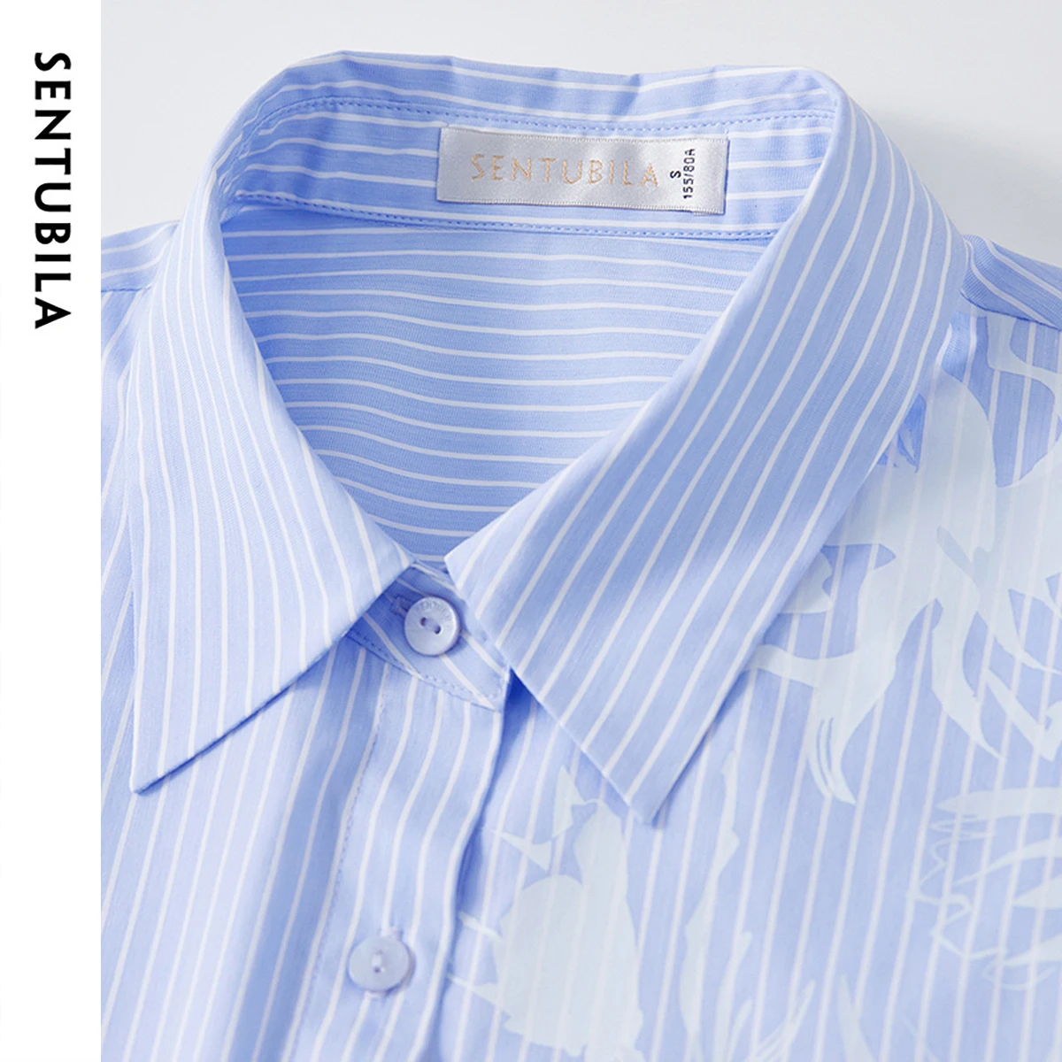SENTUBILA Blue Artistic Print Women's Shirt 2025 Summer Cotton Striped Fashion Lapel Short Sleeve Workwear Blouse 152C59410