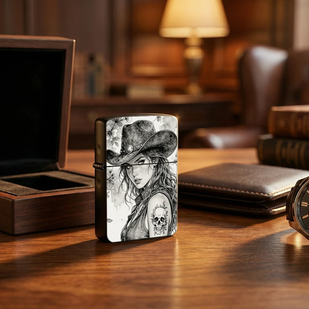 Western Flip Top Lighter lighters vintage Cowgirl With Skull Tattoo Cherry Blossom Sketch Art Print Pattern lighters for smokers