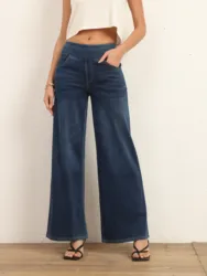 Shascullfites Mid Waist Wide Leg Jeans for Women Stretch Dark Blue Denim Casual Loose Fit Full Length Trousers with Pockets