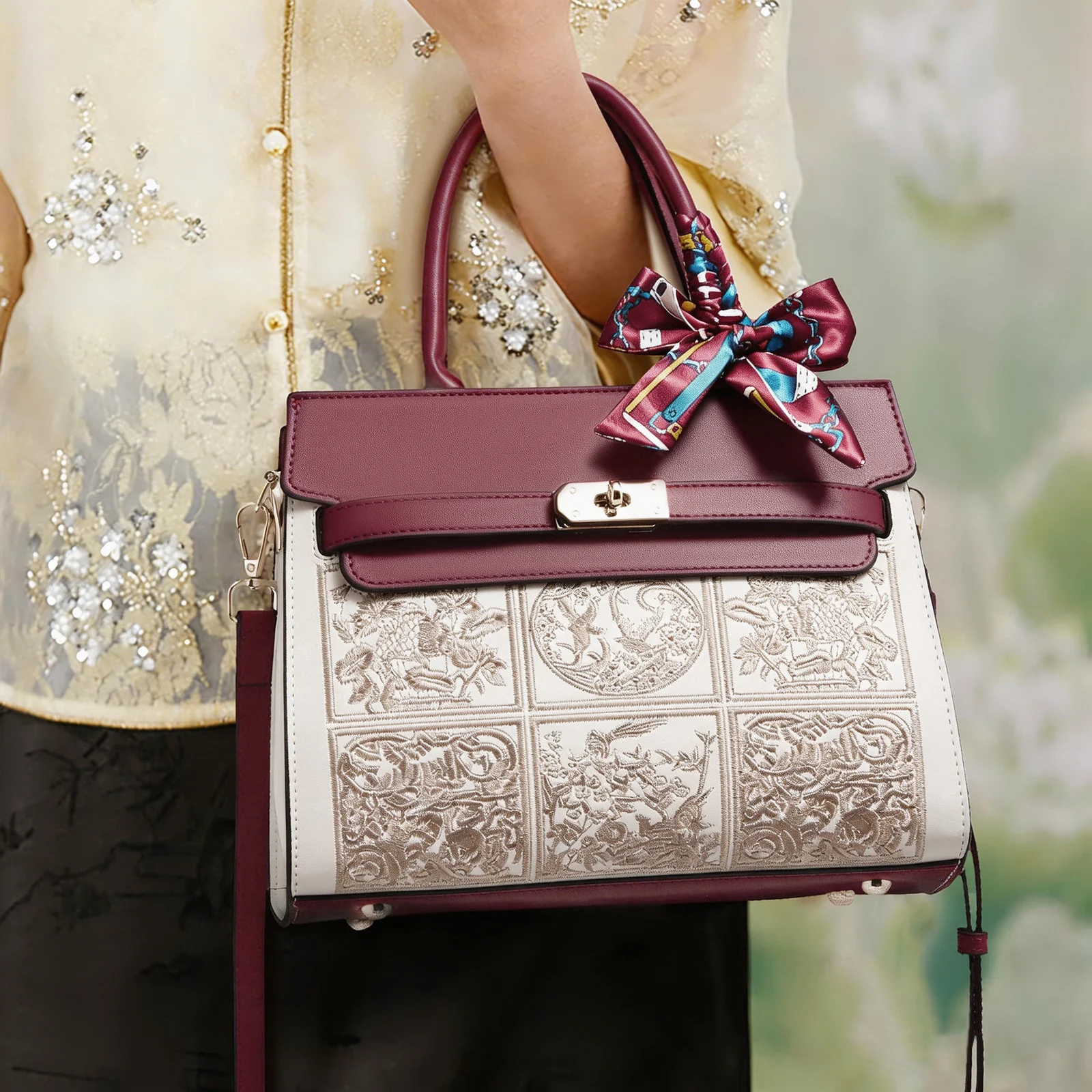 FOXER Elegant Women's Handbag Split Leather Chinese Style Embroidery Tote Bag Fashion Female Shoulder Bag Best Gift for Mom,Wife