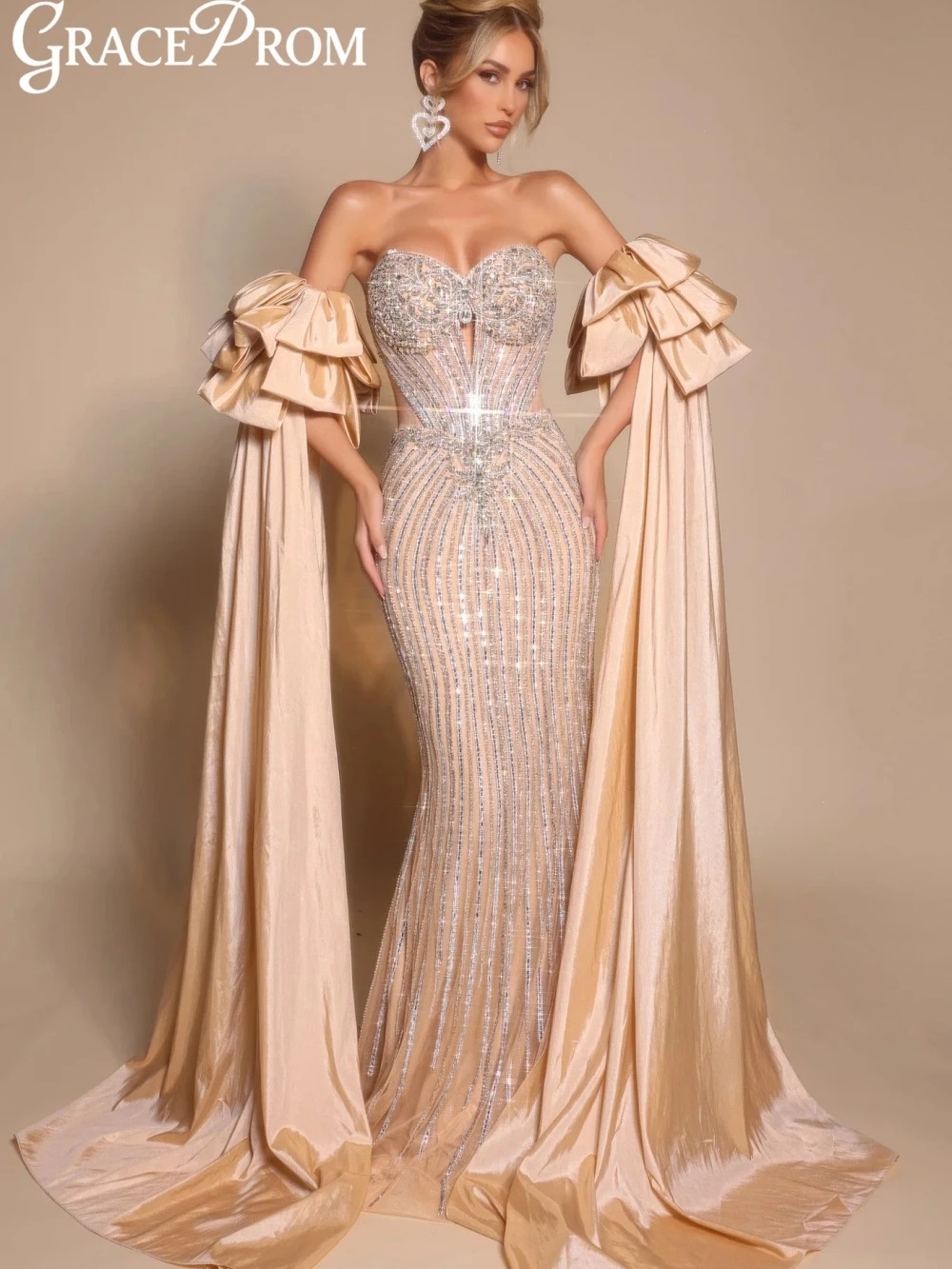 

Detachable Sleeve Beaded Mermaid Long Evening Dress Charming Sweetheart Neck Wedding Party Gown Customized Luxury Prom Dresses