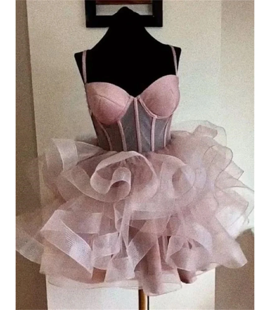 Customized Sexy Organza A-Line Spaghetti Straps Sequined Ruffles Tiered Evening Dress Delicate Sleeveless Sweetheart Party Gowns
